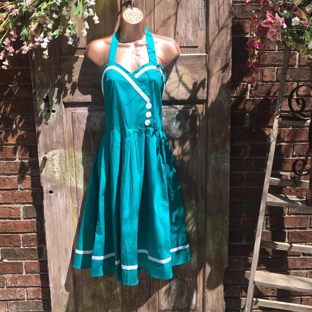 Blue Turquoise Teal Blue Swing White Trim Pinup 1950s Vintage Reproduction Dress